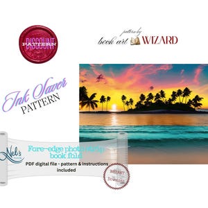 May include: Digital pattern image featuring a tropical sunset over an island with palm trees. Text includes: "Fore-edge photo strip book fold", "PDF digital file - pattern & instructions included", "Ink Saver Pattern", and "Discount Pattern".
