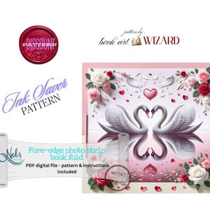 May include: A digital pattern for a fore-edge photo strip book fold, with a romantic design of swans, hearts, and roses. The image includes text that says "Discount Pattern", "Ink Saver Pattern", and "Nel's Nook".