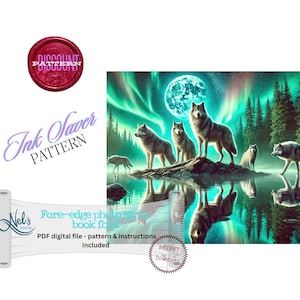 May include: A digital illustration of wolves standing near a lake, with a full moon and aurora borealis in the background. The image includes text that reads "Discount Pattern", "Ink Saver Pattern", and "Nel's Nook".