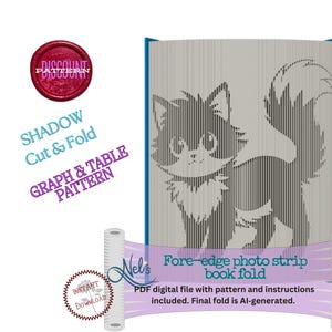 May include: A book with a cat design cut into the pages. The book is gray and white, with a blue spine. Text on the image includes "Discount Pattern", "Shadow Cut & Fold", "Graph & Table Pattern", and "Fore-edge photo strip book fold".