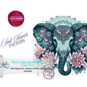 May include: A digital download pattern for an ink saver book fold featuring a blue and pink elephant with floral details. The pattern is called "Ink Saver Pattern" and is an instant download.