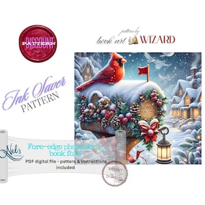 May include: A digital art print of a winter scene featuring a red cardinal perched on a snow-covered mailbox. The mailbox is decorated with greenery and a red bow. The image includes text that reads "Discount Pattern", "Ink Saver Pattern", and "Fore-edge photo strip in book fold".