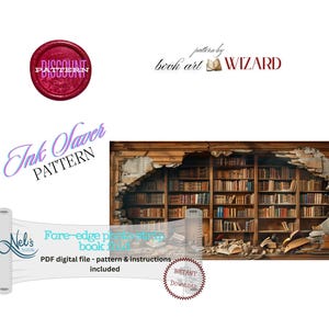 Puede incluir: Un patrón digital para un pliegue de libro de tira fotográfica de borde frontal con una escena de estantería de biblioteca con bordes de pared rotos. Incluye texto: Discount Pattern, pattern by book art WIZARD, Ink Saver PATTERN, Nel's Nook, Fore-edge photo strip book fold, PDF digital file - pattern & instructions included, e Instant Download.
