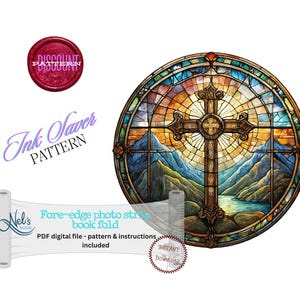 May include: A stained glass window design featuring a cross with a sunset and mountain landscape. This digital download includes a pattern and instructions for a book fold.