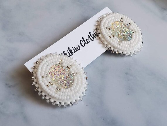 White Silver Oval Sparkle Stud Beaded Beadwork Native American Indigenous Gift Elegant Fancy Earrings Jewelry Shiny Etsy