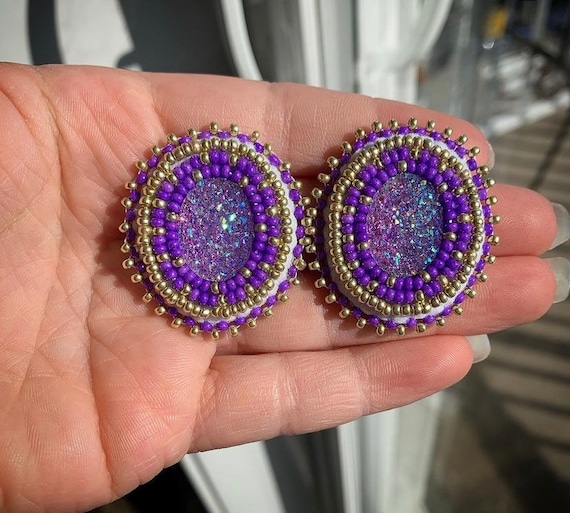 Buy Purple Gold Elegant Fancy Beaded Earrings Beadwork Oval Native Online  in India  Etsy