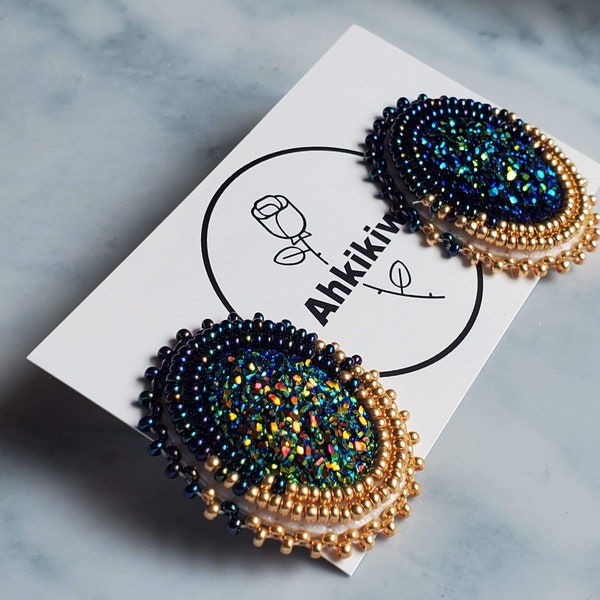 Mermaid Navy Gold Stud Ombré Round Earrings Beadwork Beads Native American Indigenous Handmade Hypoallergenic Leather