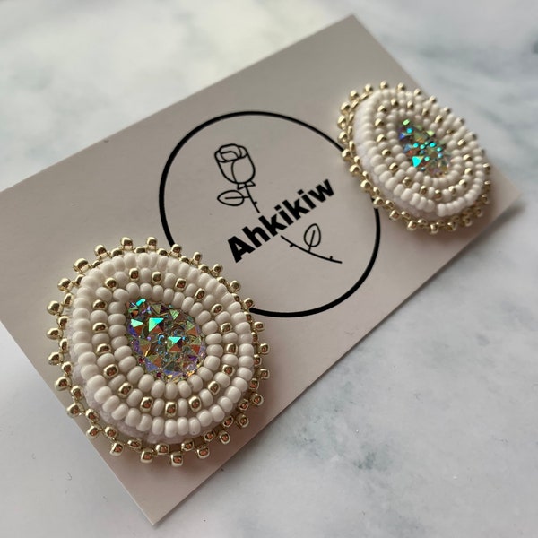 Sparkly White Beaded Beadwork Native American Indigenous Silver Teardrop Earrings Jewelry Wedding Bride Fancy Elegant Gift Neutral