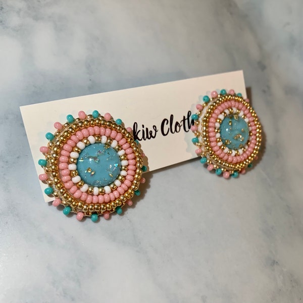Turquoise Pink Pastel White Gold Earrings Beaded Jewelry Studs Handmade Beading Beadwork Native American Indigenous Round Circle Gift