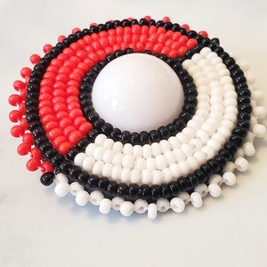 Beaded Pokeball Pin, handmade, anime, beadwork, beadwear, metis, Indigenous, red, white, seed beads,