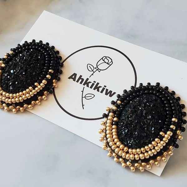 Black Gold Ombré Beaded Neutral Elegant Gift Earrings Stud Beadwork Oval Matte Clipon Hooks Unisex Native American Indigenous Jewelry