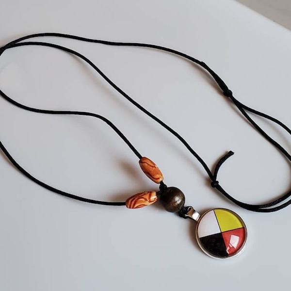 Medicine Wheel Necklace, Pendant, Indigenous, First Nations, Pride, Red, Black, White, Yellow, Circle, Round, Unisex, Gift, Native American