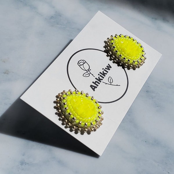 Neon Yellow Silver Teardrop Stud Beaded Earrings Dangle Clip on Bright Cute Mother Daughter Gift Native American Indigenous Handmade