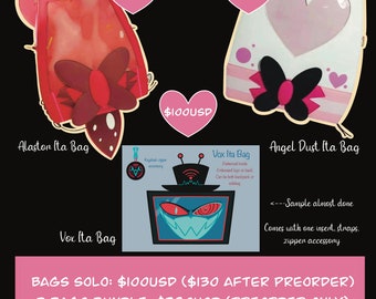 PREORDER LAST RUN- Hazbin Hotel Alastor, Angel Dust, Vox Ita Bags