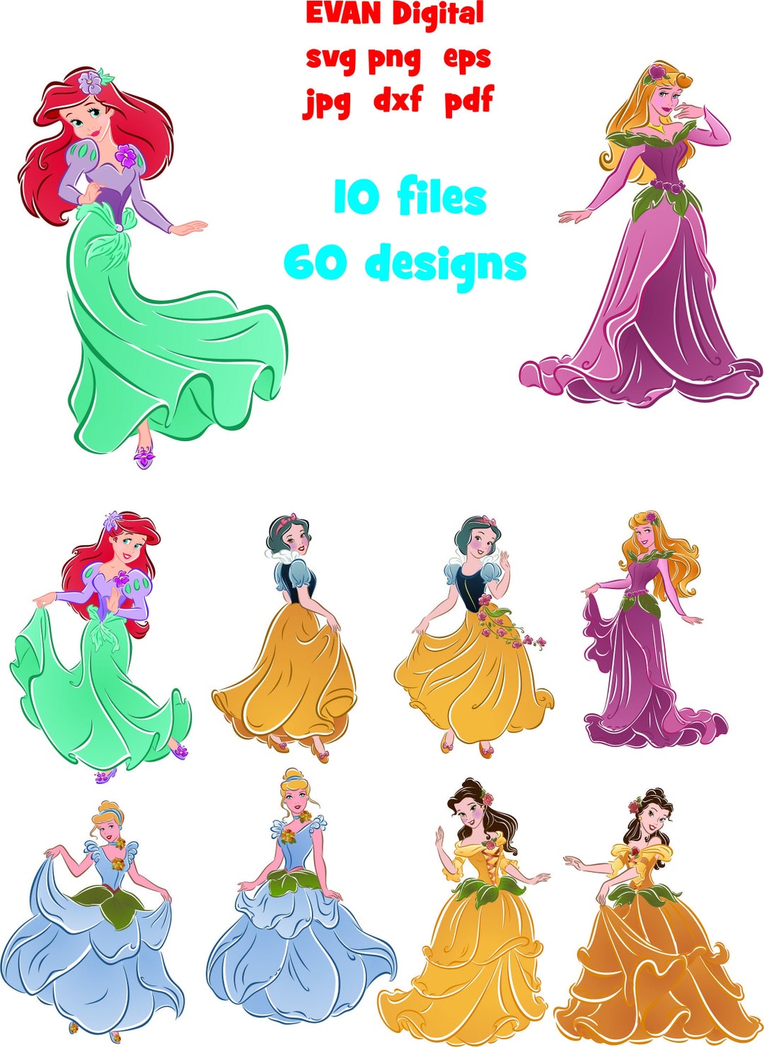 Disney Princess Svg Png Dxf Eps Pdf Jpg Disney Princess Wall Art Disney ...