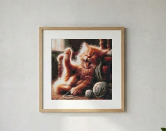 Lazy Morning Cat - Finished Cross Stitch Wall Art