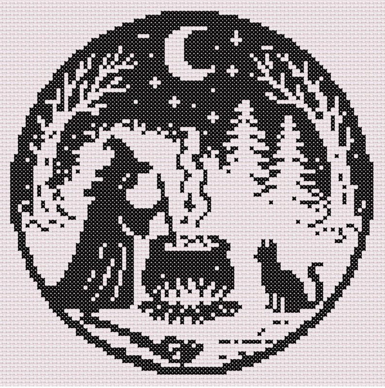 May include: Black and white cross-stitch design in a circular frame. The image depicts a witch stirring a cauldron over a fire, with a dog, trees, a crescent moon, and stars. The design has a folk art style.