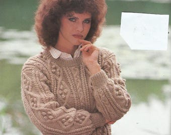 Modèle pull irlandais vintage 1981, tricot femme à torsades, patron PDF français