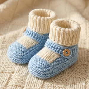 Puede incluir: Un par de patucos de bebé. Estos patucos de punto presentan una base azul claro con una correa y puño de color crema. Un botón de madera asegura la correa. Los patucos se muestran sobre una superficie texturizada de color crema.