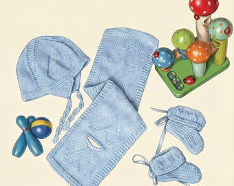 Blue Baby Knitting Pattern Set | Scarf Hat Booties | Heart Motif | Vintage Style | PDF Download