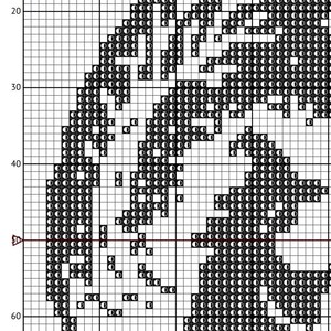 May include: A cross-stitch pattern chart featuring a detailed black and white design. The pattern is composed of numerous small squares, creating a pixelated image. The design appears to be a stylized animal or figure, with intricate details.