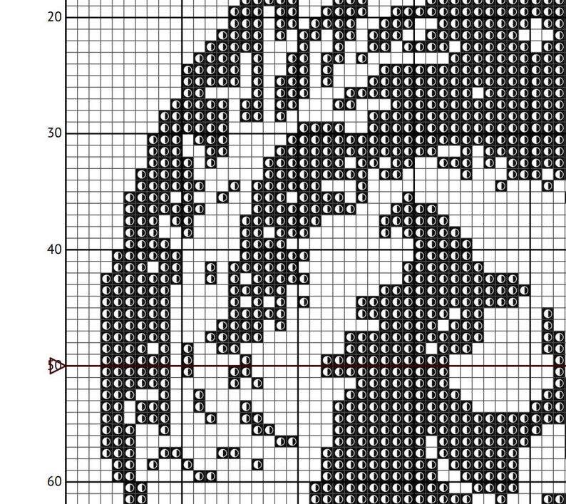 May include: A cross-stitch pattern chart featuring a detailed black and white design. The pattern is composed of numerous small squares, creating a pixelated image. The design appears to be a stylized animal or figure, with intricate details.