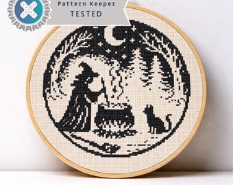 Midnight Brew Cross Stitch Pattern – Witch Silhouette Circle – Gothic Halloween PDF – Pattern Keeper Ready