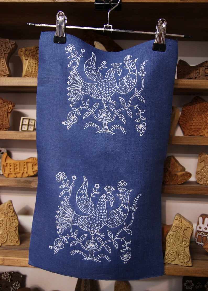 Traditional Indigo Cloth For Handmade Crafts. Block Printed Piece of Linen Fabric With Paradise Bird