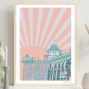 Clevedon Pier Print – Coastal Wall Art – Personalised Pier Illustration – Custom Colour Print – UK Handmade Gift