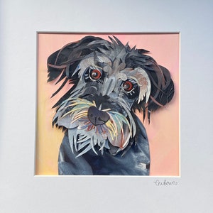 Handmade pet dog collage portraits, inspired by Eric Carle using hand cut painted papers, fine art