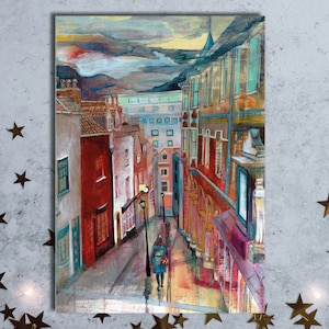 Carte de voeux Bristol, oeuvre d'art originale de Bristol, vieille ville de Bristol, sur le thème de Bristol, marches de Noël, carte d'art de Bristol, carte sur le thème de Bristol,