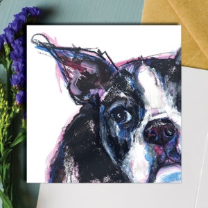 Cartão de aniversário de Boston Terrier, cartão de felicitações de Terrier, cartão de cachorro, cachorro preto e branco, cachorro de belas artes, ilustração de cachorro
