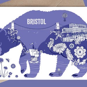 Cartão Bristol Blue Bear | Ilustrado à mão | Inspirado na história de Bristol | 100% reciclado com envelope Kraft | Opção personalizada
