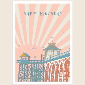Cartão de aniversário personalizado de Clevedon – Clevedon Pier Illustration – Cartão reciclado ecológico – Seaside Coastal Gift