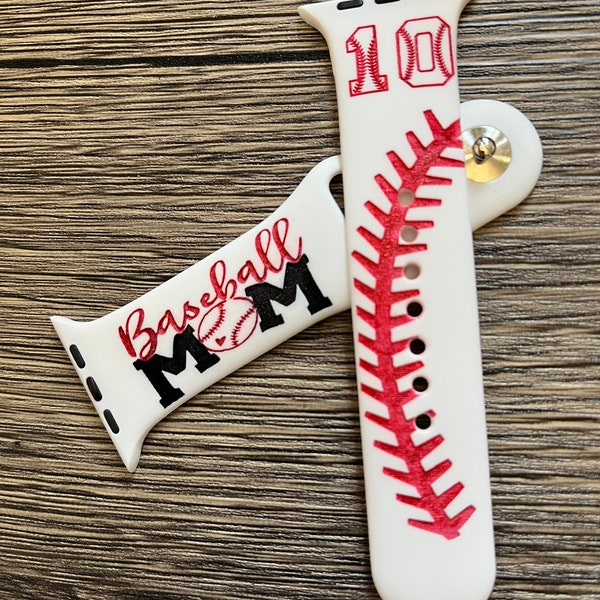 Cinturino sportivo in silicone personalizzato con incisione per Apple Watch, ideale per mamme di giocatori di baseball.