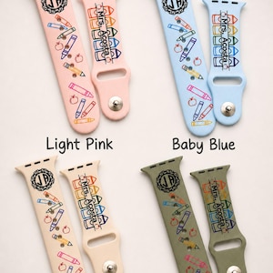 May include: Four sets of silicone watch straps in light pink, baby blue, sand, and olive green. Each set features a circular monogram with the letters JP and a vertical row of colourful crayons with the text Mrs. Acosta, plus small apple icons.