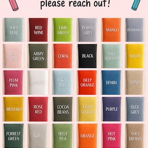 May include: A colour chart displaying thirty-six rectangular swatches with labels including soft teal, red wine, lime green, purple grey, mango, periwinkle, light pink, army green, coral, black, soft seafoam, yellow, plum pink, white, sky blue, deep orange, denim, sand, mustard, rose red, cocoa beans, light yellow, purple, blue grey, forrest green, grey, split pea, orange, hot pink, soft brown, blue, blush, red, cranberry, light purple, and spearmint.