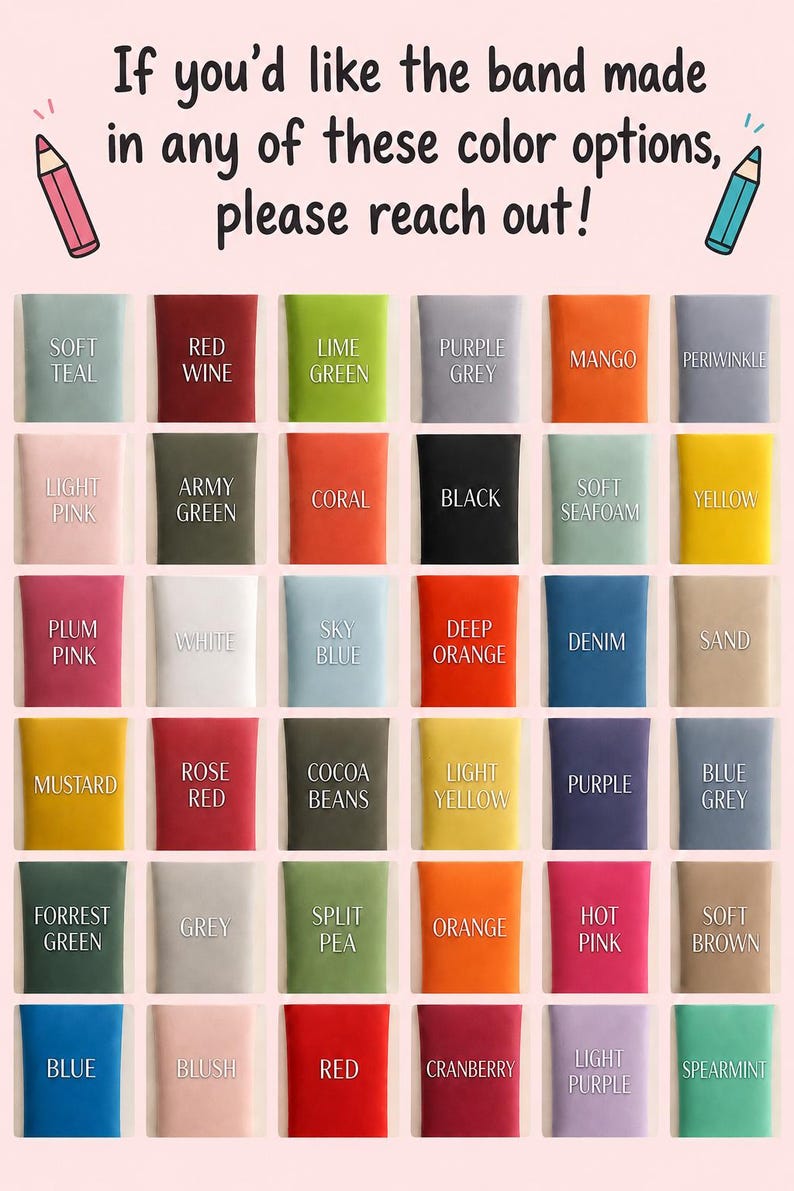 May include: A colour chart displaying thirty-six rectangular swatches with labels including soft teal, red wine, lime green, purple grey, mango, periwinkle, light pink, army green, coral, black, soft seafoam, yellow, plum pink, white, sky blue, deep orange, denim, sand, mustard, rose red, cocoa beans, light yellow, purple, blue grey, forrest green, grey, split pea, orange, hot pink, soft brown, blue, blush, red, cranberry, light purple, and spearmint.