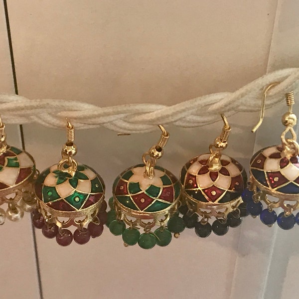 Meenakari  Indian Multicolored Jhumkas, Enamel Paint handcrafted Earrings, Traditional Jhumka earrings, red blue white green black Pearl