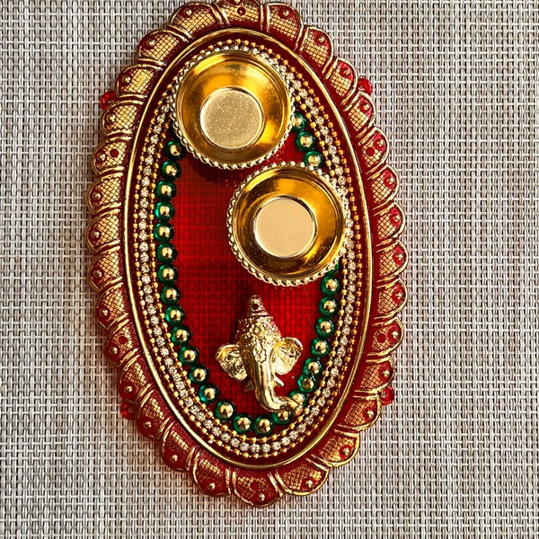 Diwali favor bulk Decorative Acrylic Ganesha pooja platter haldi kumkum holder  Corporate Wedding Favor Roli Chawal Indian  Gift