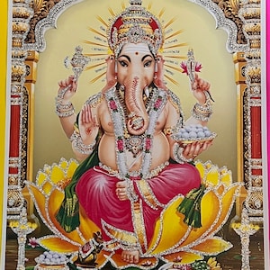 Ganesh Ji Photo print with Silver glitter outline. Size (11 X 9 Inches), Lord Ganesha Pic