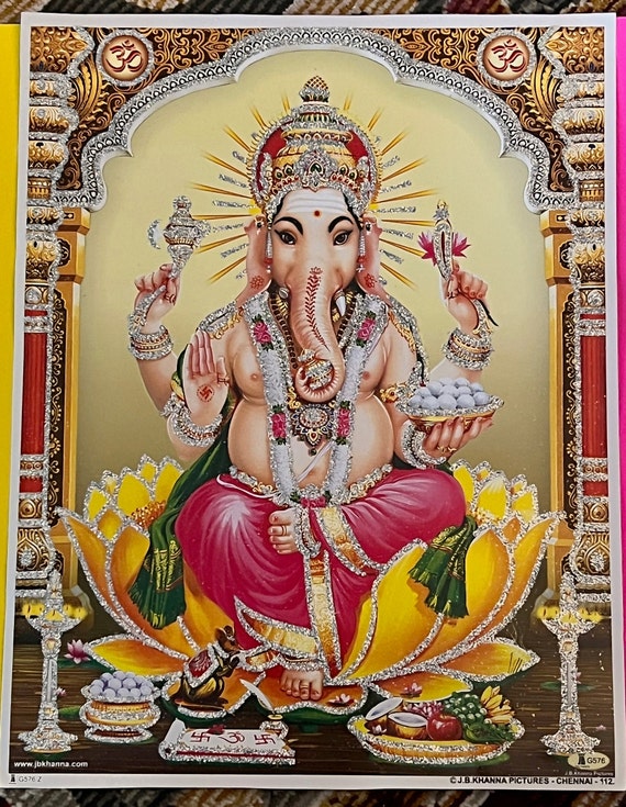 Ganesh Ji Photo print with Silver glitter outline. Size 11 X 9 Inches Lord Ganesha Pic