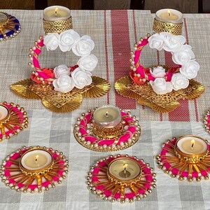 Diwali Special Set of 8 Indian Tea Light Candle Holder, Pink Festive Home Decor,Poojas Housewarming Henna Wedding Decoration, Return Gift