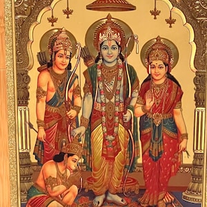 Shri Ram Sita Lakshman Hanuman Photo- Gold Foli print- Hanuman sitting in Ram Darbar (11.5 X 8.5Inches)