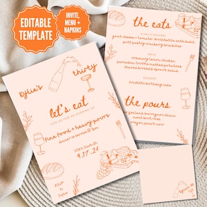 Handschrift Dinner Party Invite & passendes Menü Cocktail Servietten-Set, Kritzelei, schicke Dinnerparty, Aperol, 30.Geburtstag, handgezeichnet