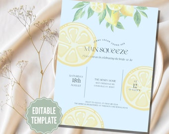 Plantilla de invitación para despedida de soltera con limón, fiesta de compromiso con limón de Main Squeeze, She Found Her Main Squeeze, limón mediterráneo, novia cítrica
