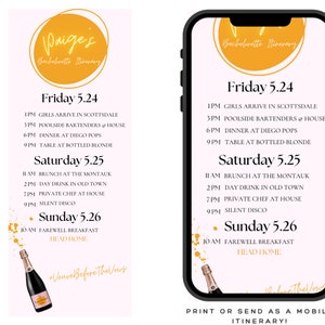 Veuve Before The Vows Bachelorette Itinerary Template, Customize Download & Print or Use Mobile Template, Champagne Bachelorette