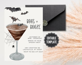 Boos + Booze Halloween Party Invite, Halloween Cocktail Party Invite, Haunted Cocktail, Cocktails + Costumes, Espresso Martini, Bats + Booze