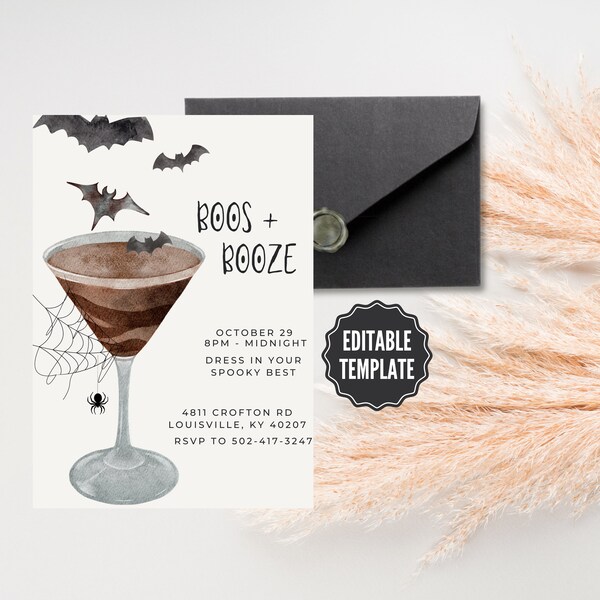Boos + Booze Halloween Party Invite, Halloween Cocktail Party Invite, Haunted Cocktail, Cocktails + Costumes, Espresso Martini, Bats + Booze