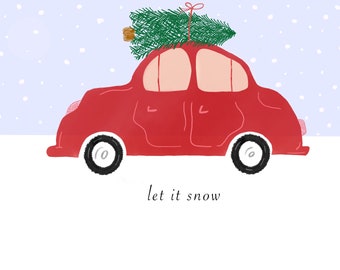 Holiday Christmas Cards: DIGITAL DOWNLOAD | Red Vintage Car with Tree | Stylish Christmas Card